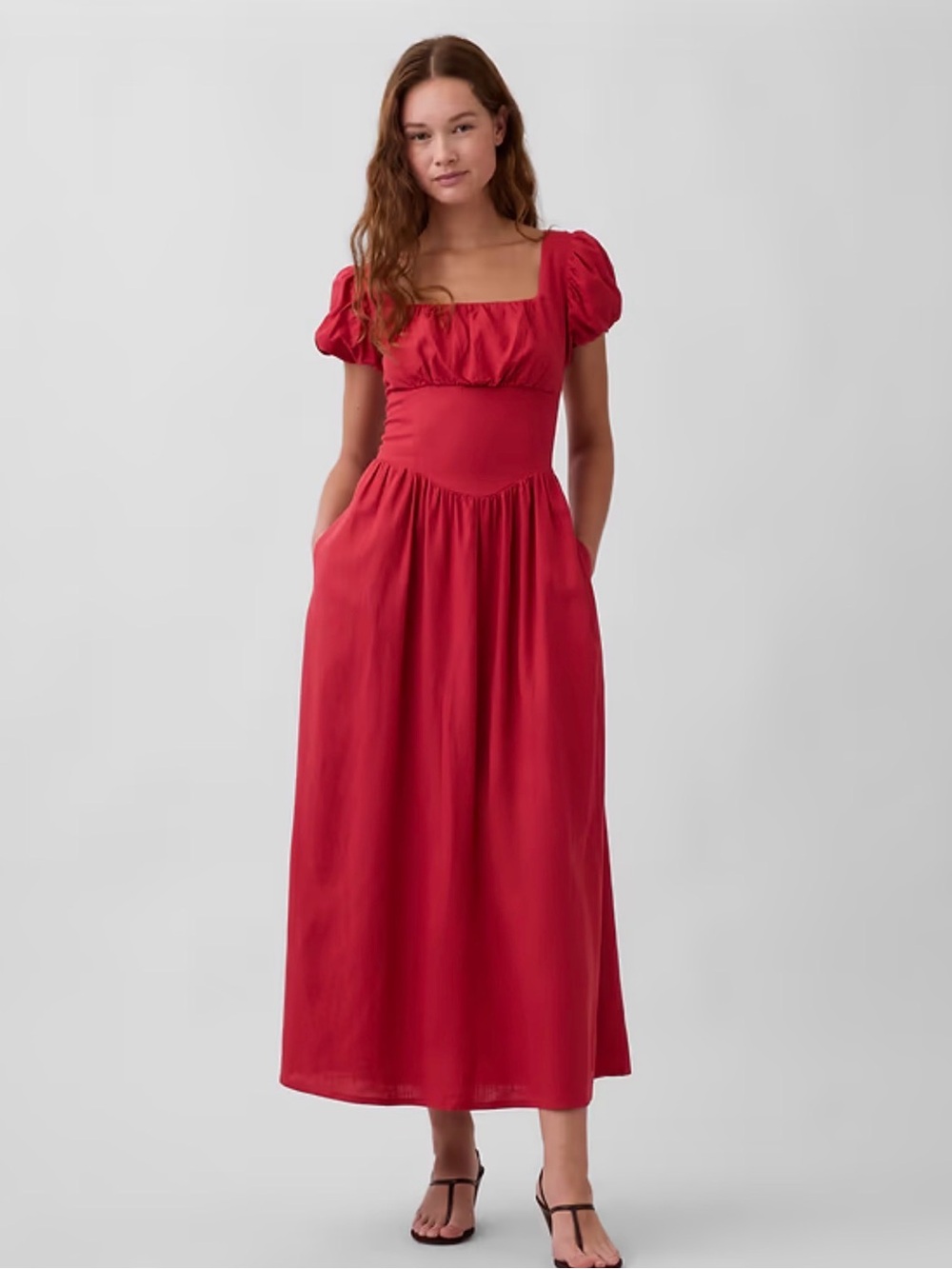GAP Red Square-Neck Maxi Dress with Puff Sleeves and Pockets